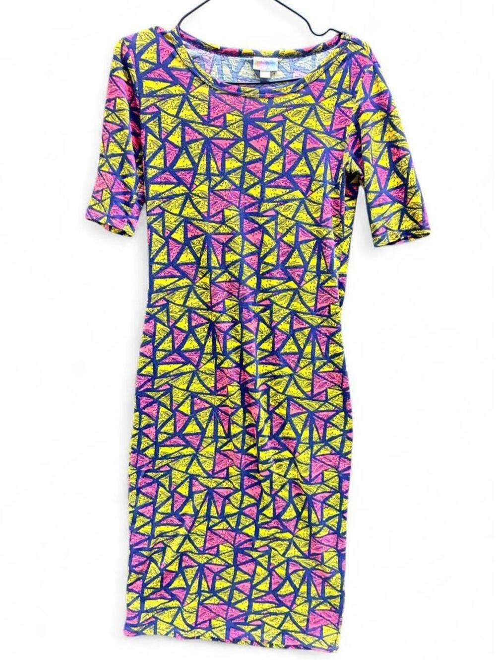 LulaRoe bodycon dress with geometric triangle pattern in yellow, pink, and blue